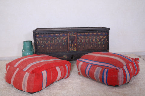 Two Moroccan bereber Ottoman Poufs with Red Kilim