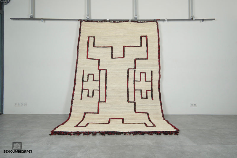 Custom Moroccan hssira rug - Handmade palm leaf mat with red and black wool design