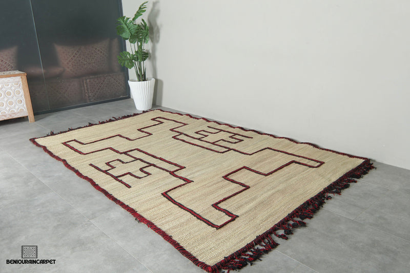 Custom Moroccan hssira rug - Handmade palm leaf mat with red and black wool design