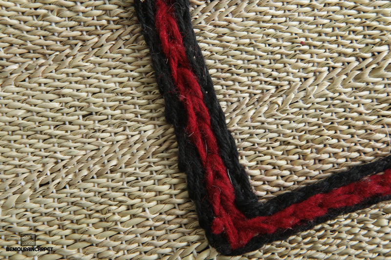 Custom Moroccan hssira rug - Handmade palm leaf mat with red and black wool design