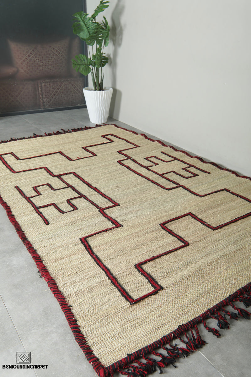 Custom Moroccan hssira rug - Handmade palm leaf mat with red and black wool design