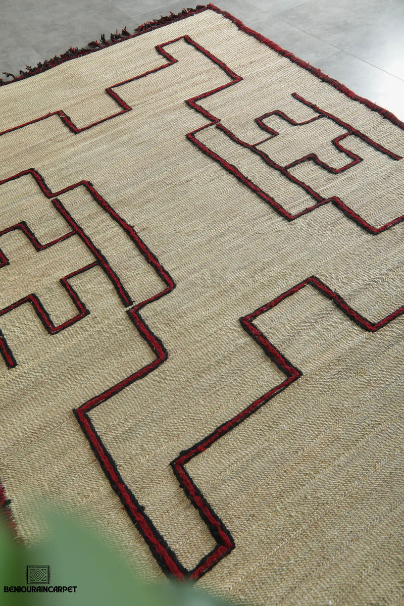 Custom Moroccan hssira rug - Handmade palm leaf mat with red and black wool design