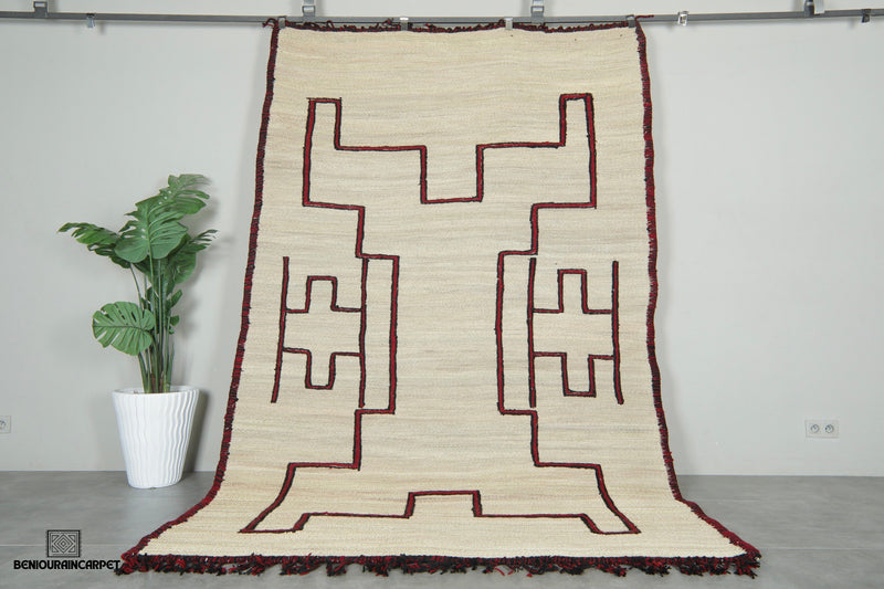 Custom Moroccan hssira rug - Handmade palm leaf mat with red and black wool design