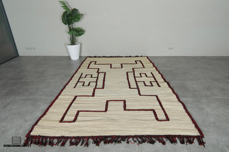 Custom Moroccan hssira rug - Handmade palm leaf mat with red and black wool design
