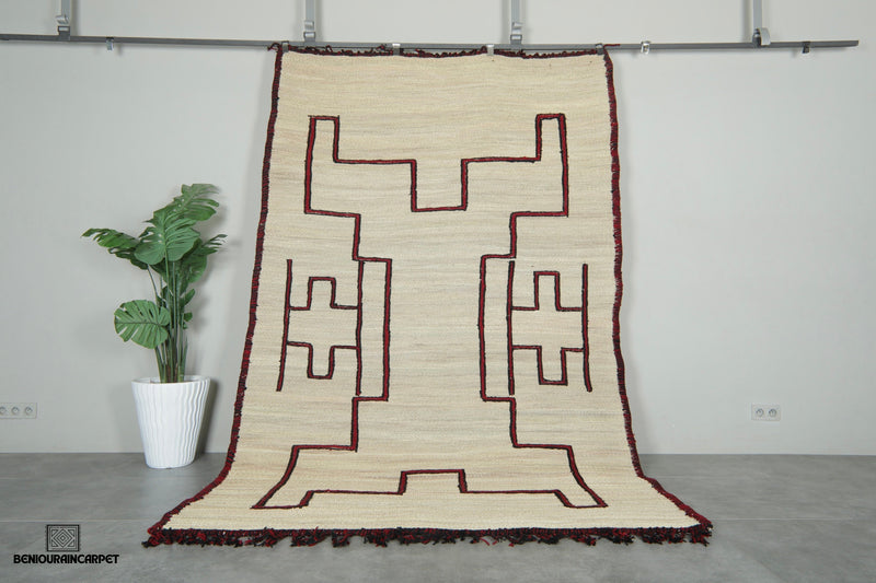 Custom Moroccan hssira rug - Handmade palm leaf mat with red and black wool design