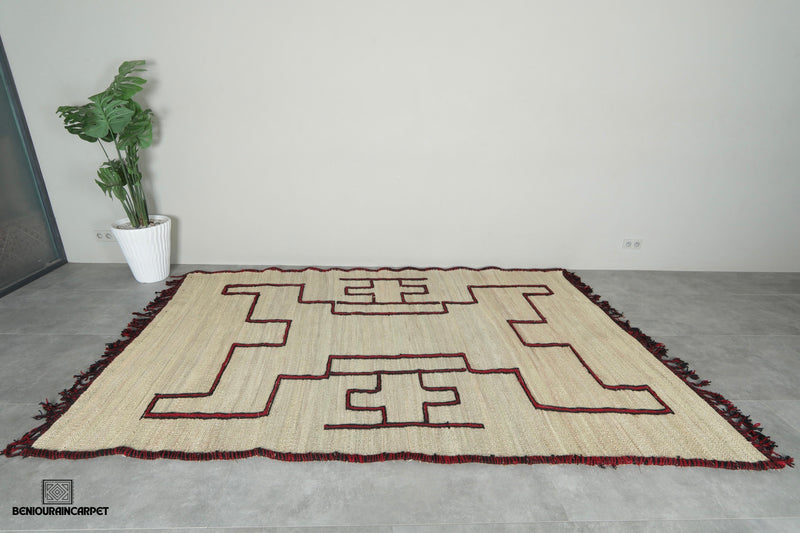 Custom Moroccan hssira rug - Handmade palm leaf mat with red and black wool design