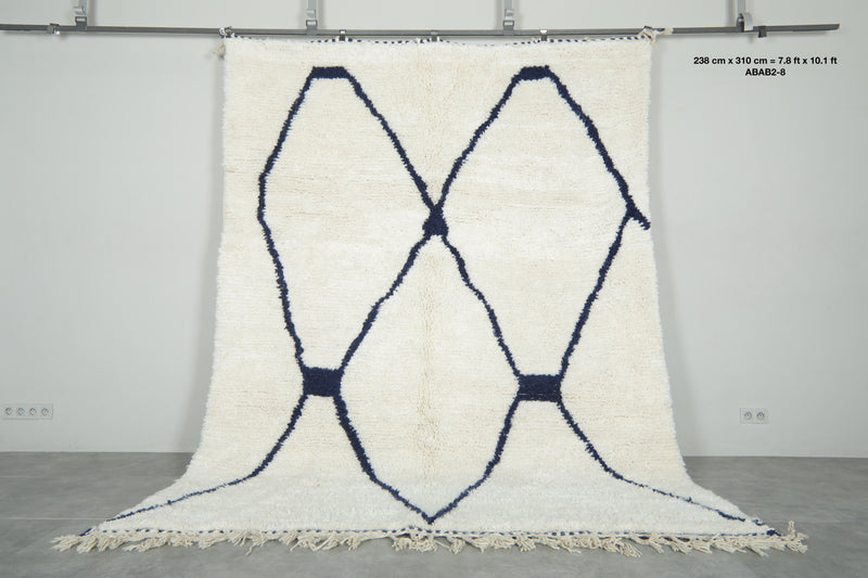 Handmade white and navy beni ourain Moroccan rug - 7.8 ft x 10.1 ft