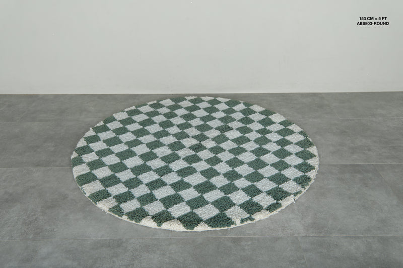 Round Moroccan rug - Green & white checkered design - 5 FT