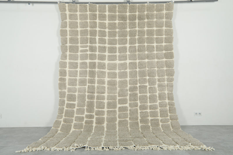 Moroccan handwoven wool rug - White & grey checkered design - 7.6 ft x 11 ft