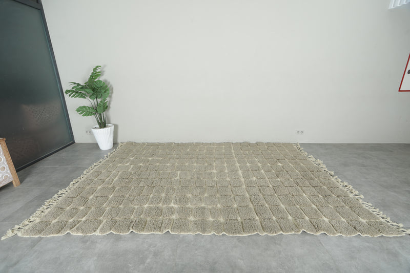 Moroccan handwoven wool rug - White & grey checkered design - 7.6 ft x 11 ft