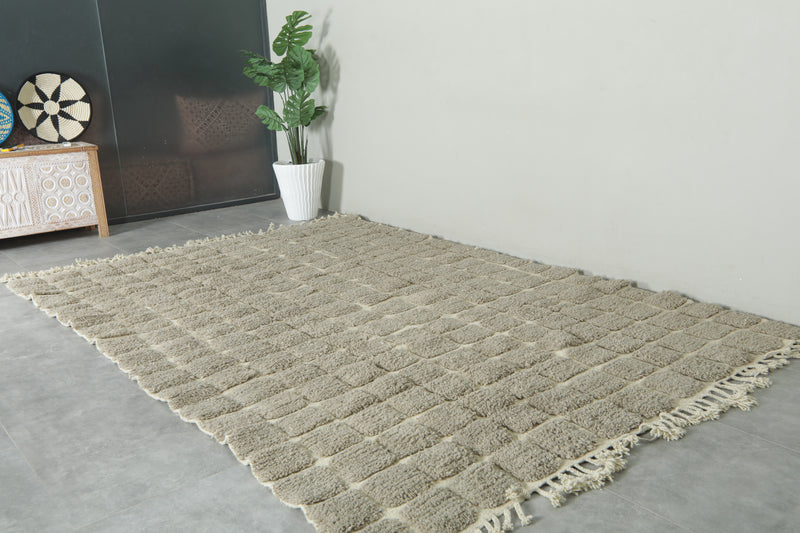 Moroccan handwoven wool rug - White & grey checkered design - 7.6 ft x 11 ft