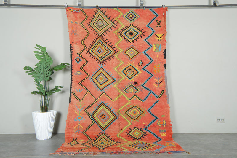 Orange azilal rug - Moroccan wool carpet with geometric diamonds - 5.6 ft x 9.4 ft