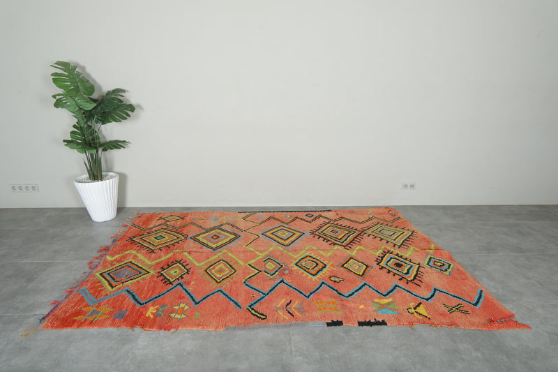Orange azilal rug - Moroccan wool carpet with geometric diamonds - 5.6 ft x 9.4 ft