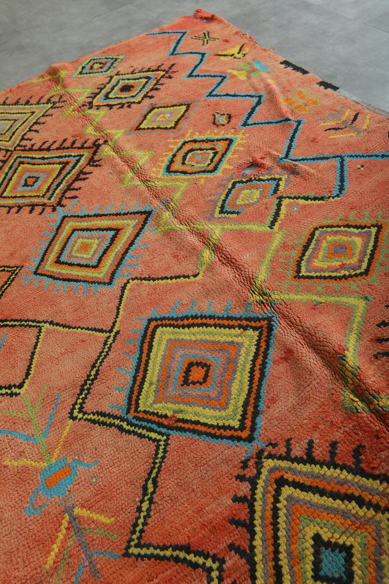 Orange azilal rug - Moroccan wool carpet with geometric diamonds - 5.6 ft x 9.4 ft