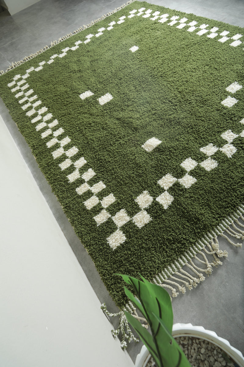 Green Moroccan rug with white checkered design - Custom size