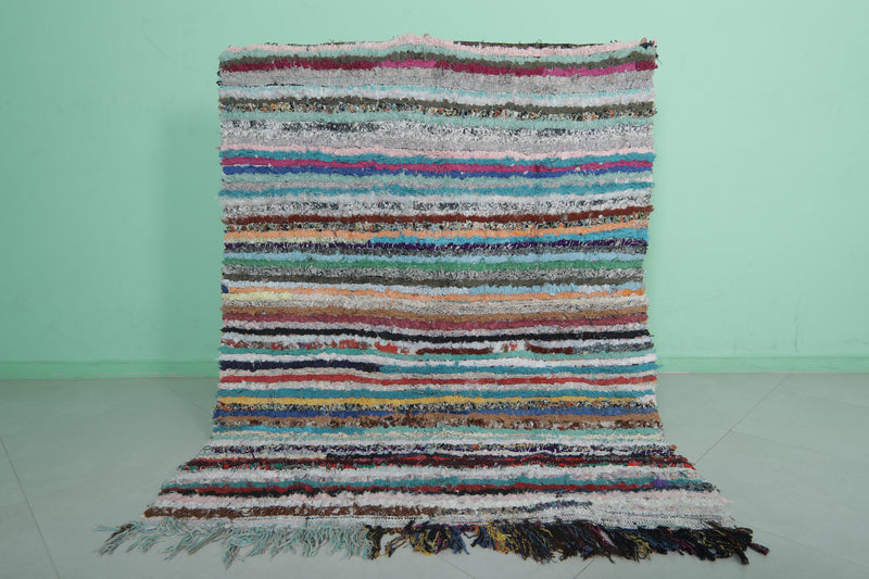 Moroccan Boucherouite Rug - 4.9x6 ft | Handwoven Striped Design - Boucherouite rug