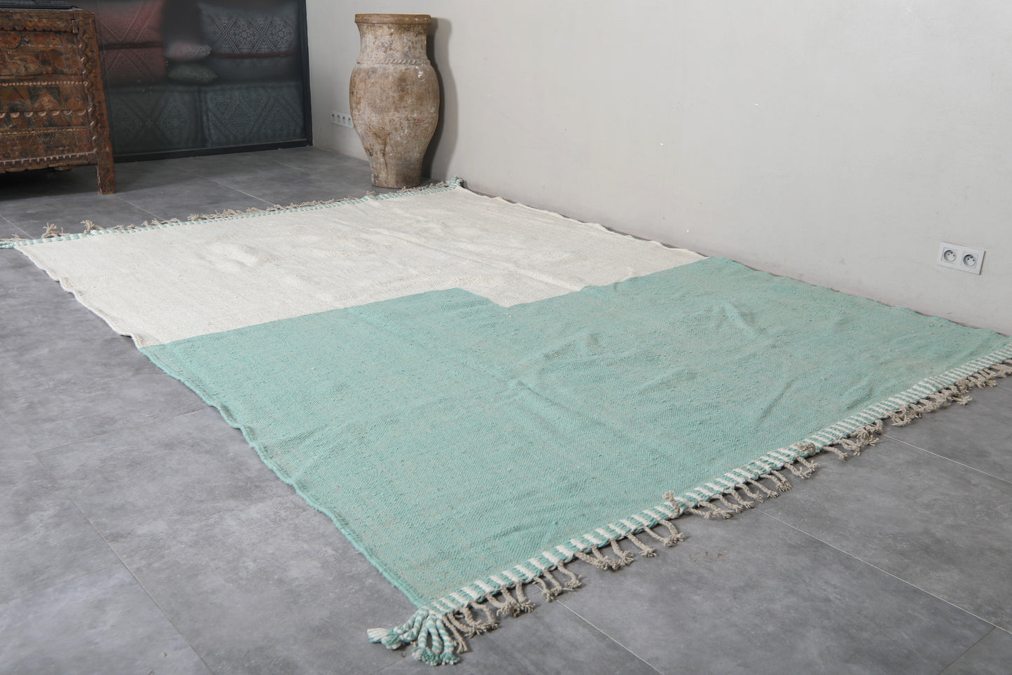 Custom Berber Mint and White Moroccan rug - Flat woven wool kilim