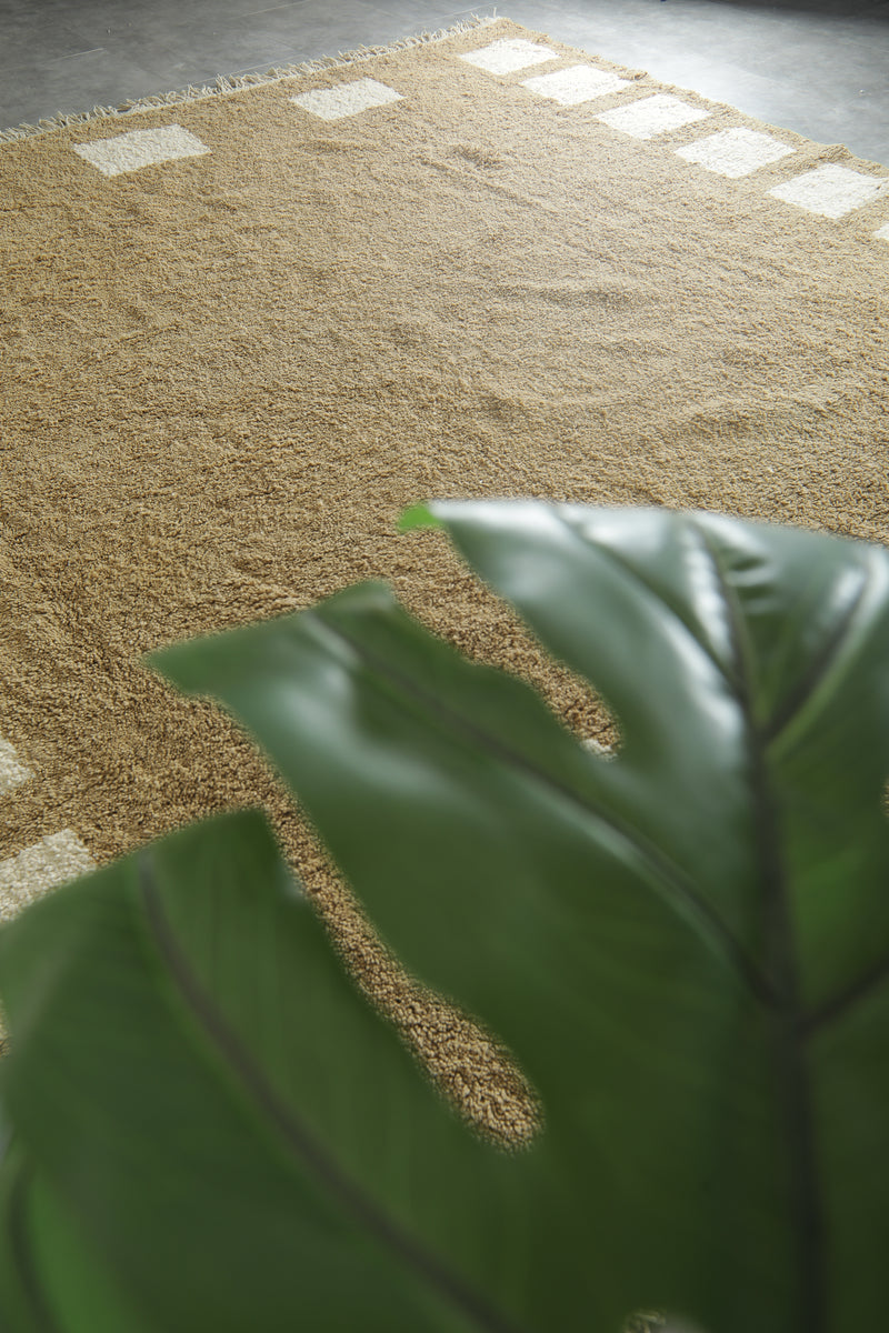 Minimalist Moroccan wool rug - Beige with white squares - 12 ft x 12.2 ft