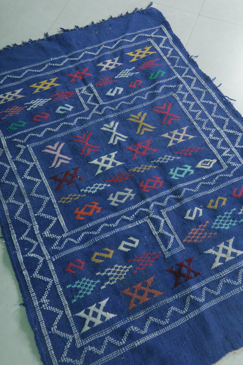 Handwoven Blue Moroccan Rug 3.2 x 4.5 FT - Vibrant Geometric Patterns - moroccan rug