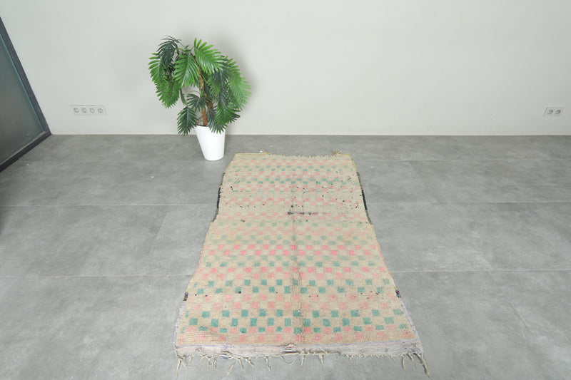 Beige Moroccan rug with pink & green checkered design - 3.2 ft x 5.5 ft