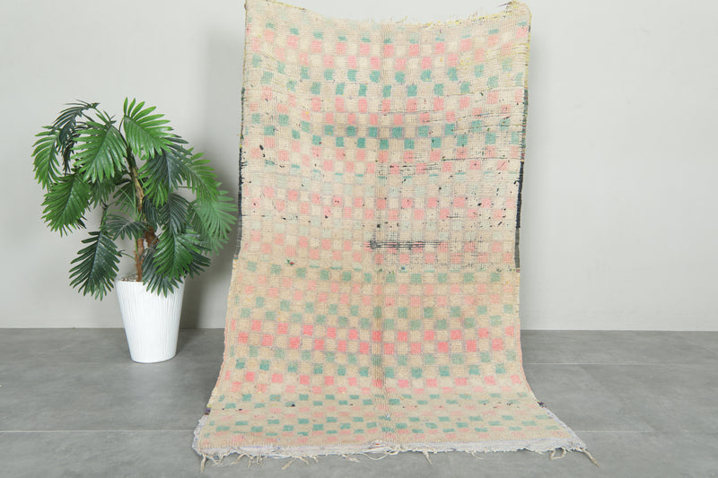 Beige Moroccan rug with pink & green checkered design - 3.2 ft x 5.5 ft