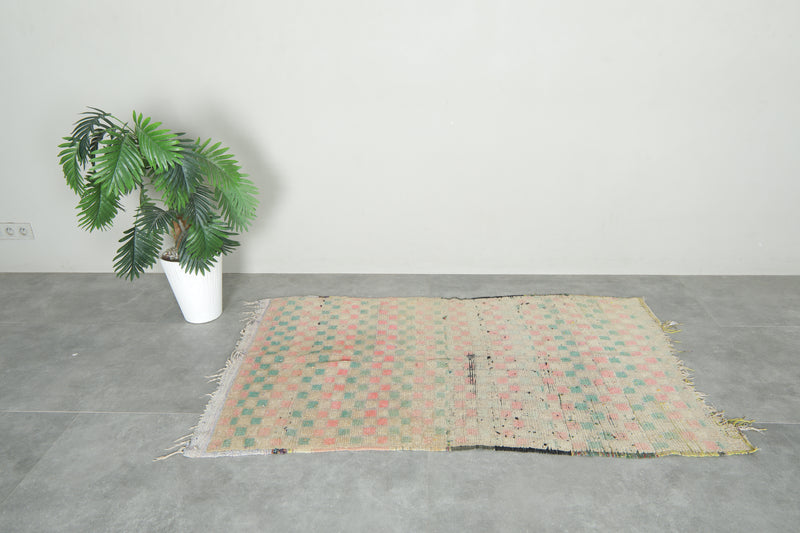 Beige Moroccan rug with pink & green checkered design - 3.2 ft x 5.5 ft