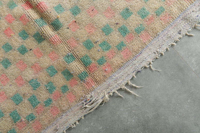 Beige Moroccan rug with pink & green checkered design - 3.2 ft x 5.5 ft