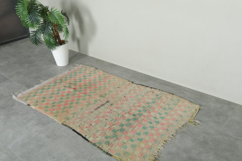 Beige Moroccan rug with pink & green checkered design - 3.2 ft x 5.5 ft