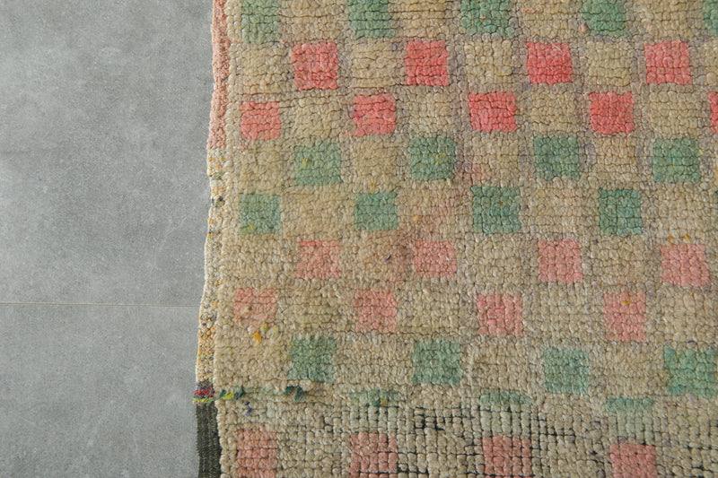 Beige Moroccan rug with pink & green checkered design - 3.2 ft x 5.5 ft