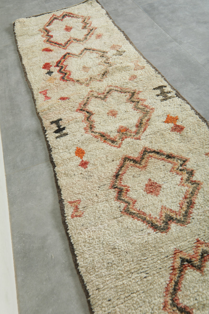Beige Moroccan runner rug with geometric design - 2.1 ft x 8.4 ft