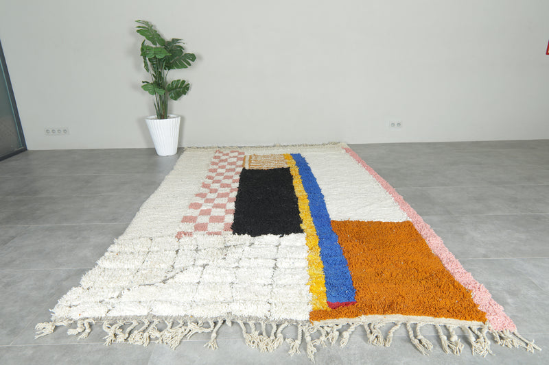 Moroccan Wool Rug 6.6 x 10.6 ft – Handmade Berber Carpet with Ivory Base