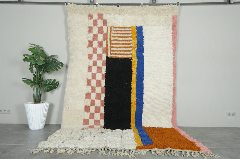 Moroccan Wool Rug 6.6 x 10.6 ft – Handmade Berber Carpet with Ivory Base