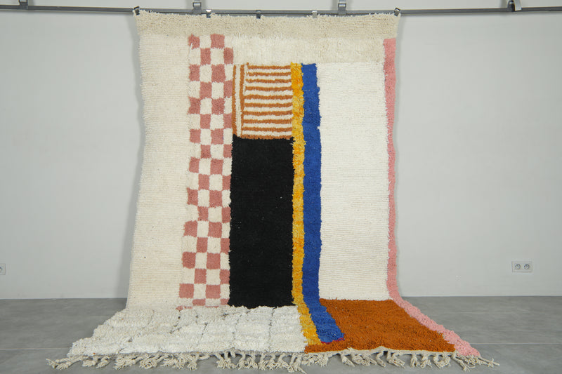 Moroccan Wool Rug 6.6 x 10.6 ft – Handmade Berber Carpet with Ivory Base