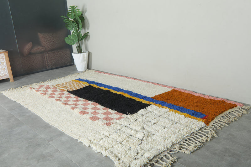 Moroccan Wool Rug 6.6 x 10.6 ft – Handmade Berber Carpet with Ivory Base