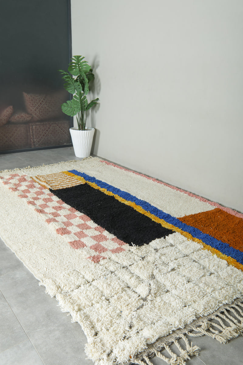 Moroccan Wool Rug 6.6 x 10.6 ft – Handmade Berber Carpet with Ivory Base