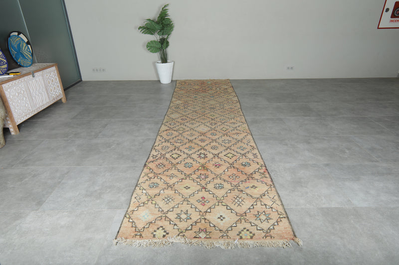 Beige runner Moroccan rug with geometric rug - 3.7 ft x 14.3 ft