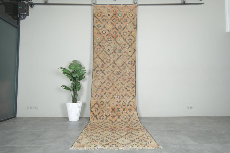 Beige runner Moroccan rug with geometric rug - 3.7 ft x 14.3 ft