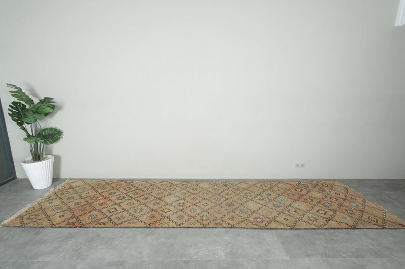 Beige runner Moroccan rug with geometric rug - 3.7 ft x 14.3 ft