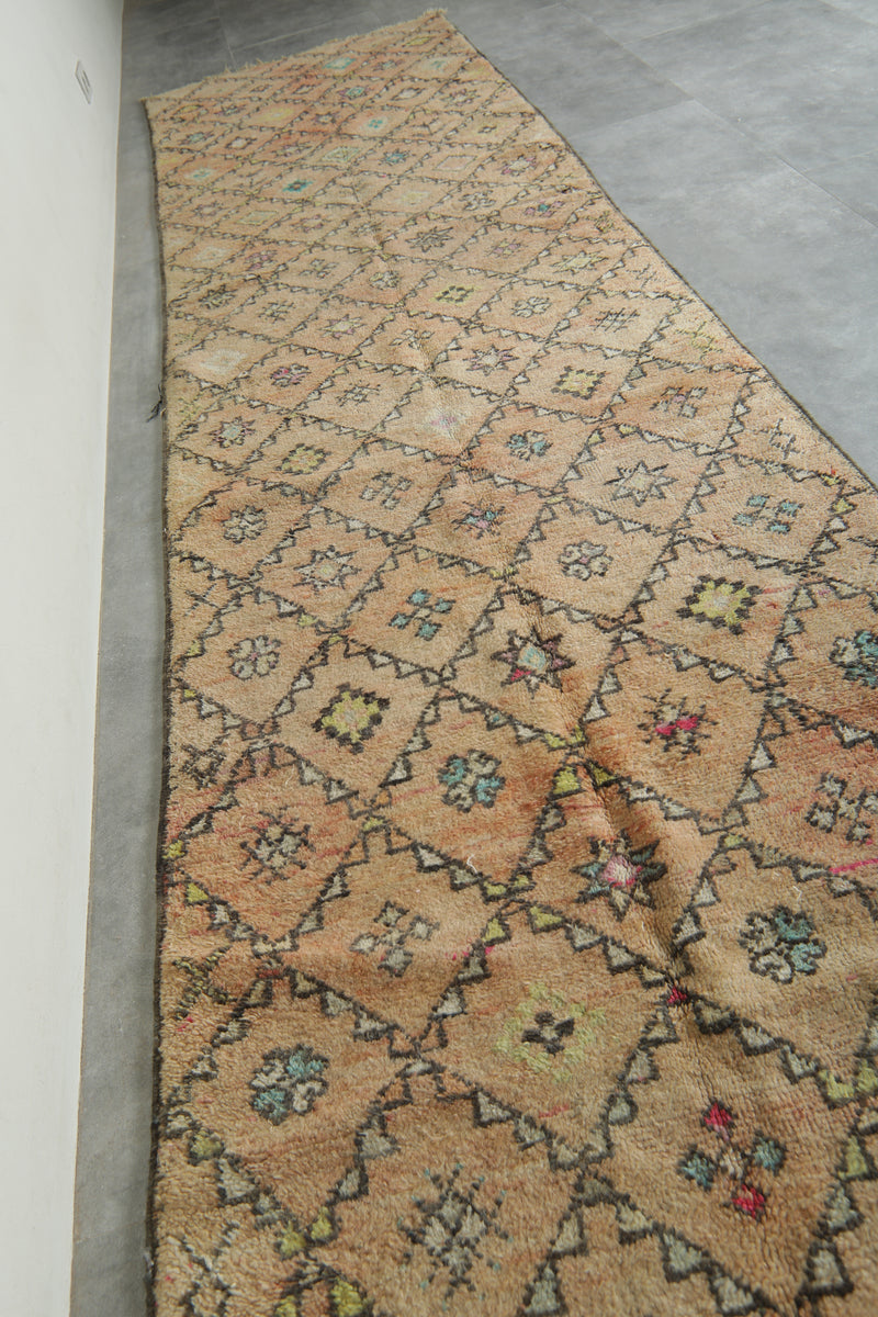 Beige runner Moroccan rug with geometric rug - 3.7 ft x 14.3 ft