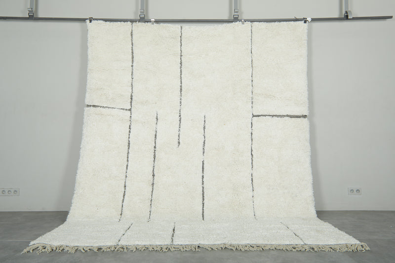 White beni ourain Moroccan rug with black geometric lines - 8.5 ft x 10.2 ft