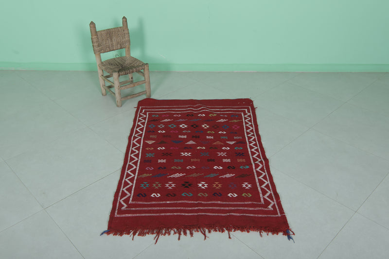 Red Moroccan Handwoven Kilim Rug 3.1x4.6 FT | Unique Artisan Design