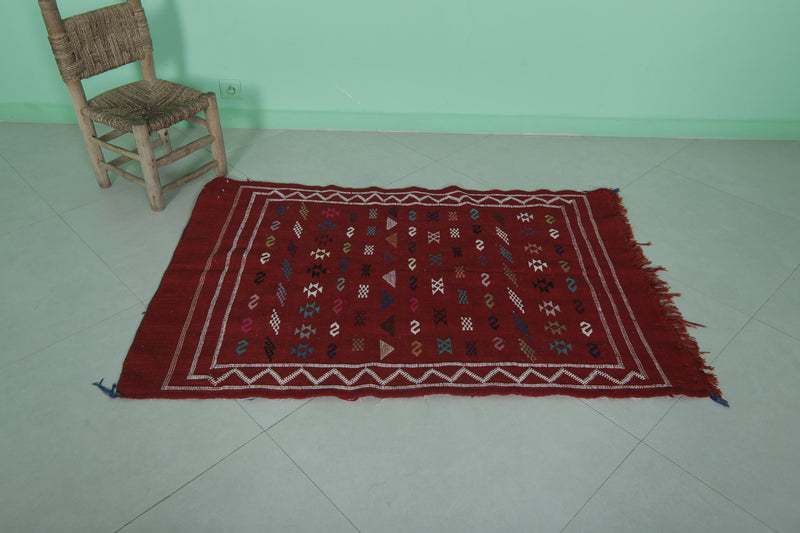 Red Moroccan Handwoven Kilim Rug 3.1x4.6 FT | Unique Artisan Design