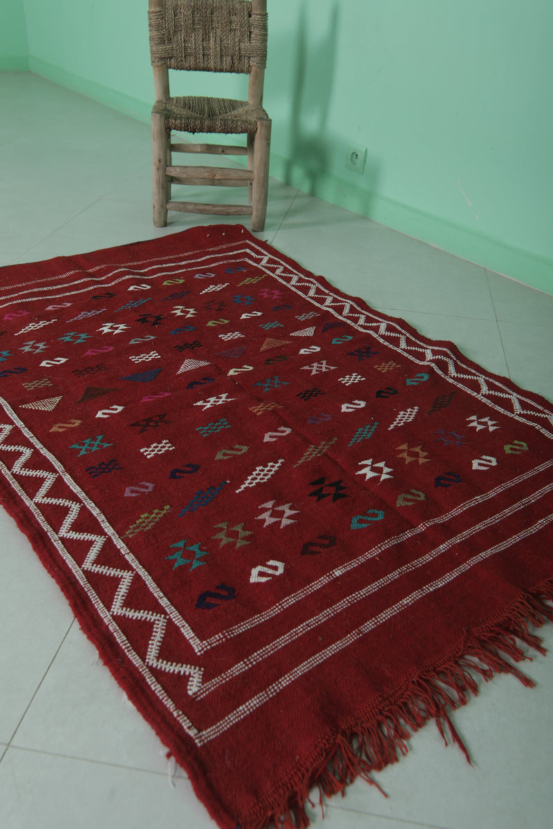 Red Moroccan Handwoven Kilim Rug 3.1x4.6 FT | Unique Artisan Design