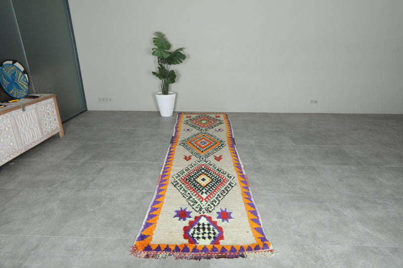Vibrant Moroccan runner rug with bold geometric diamond - 3 ft x 11.4 ft