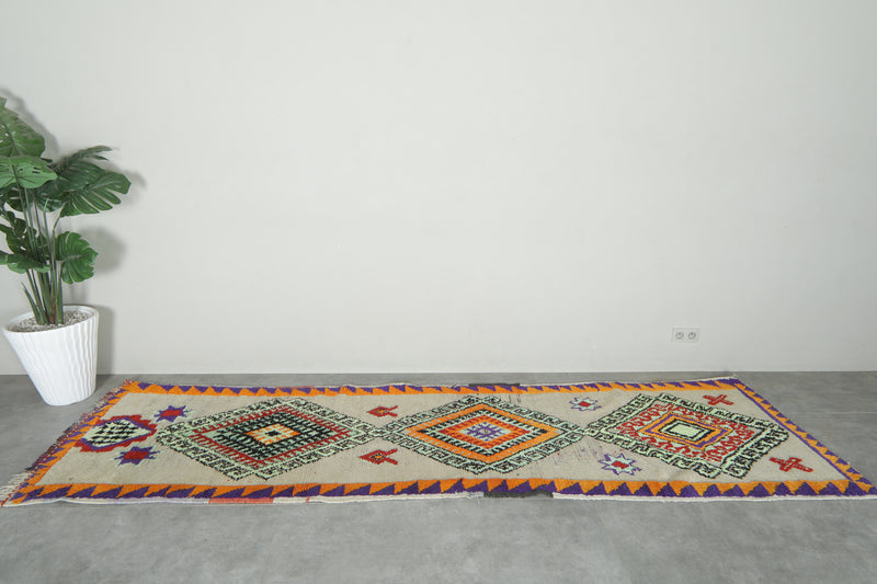 Vibrant Moroccan runner rug with bold geometric diamond - 3 ft x 11.4 ft