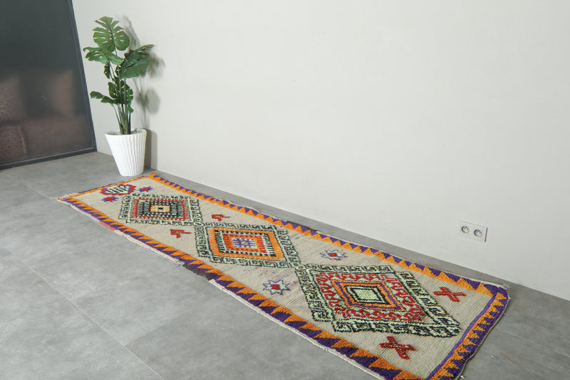 Vibrant Moroccan runner rug with bold geometric diamond - 3 ft x 11.4 ft