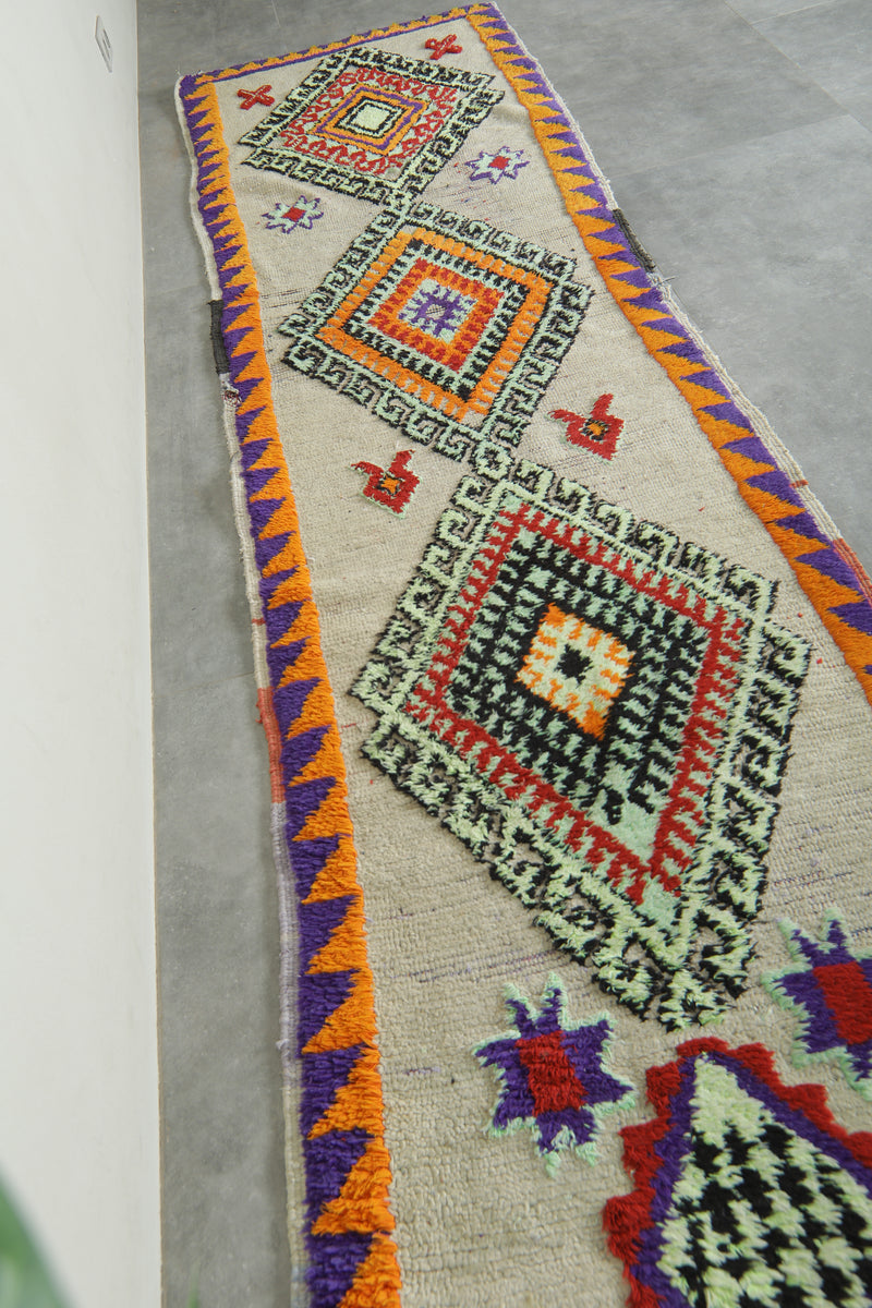 Vibrant Moroccan runner rug with bold geometric diamond - 3 ft x 11.4 ft