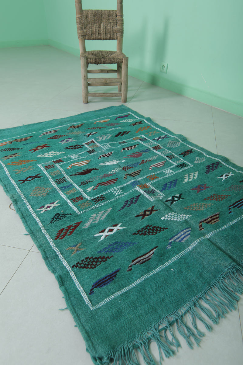 Green Moroccan Handwoven Kilim Rug - Artisan Craft 3x4.6 FT
