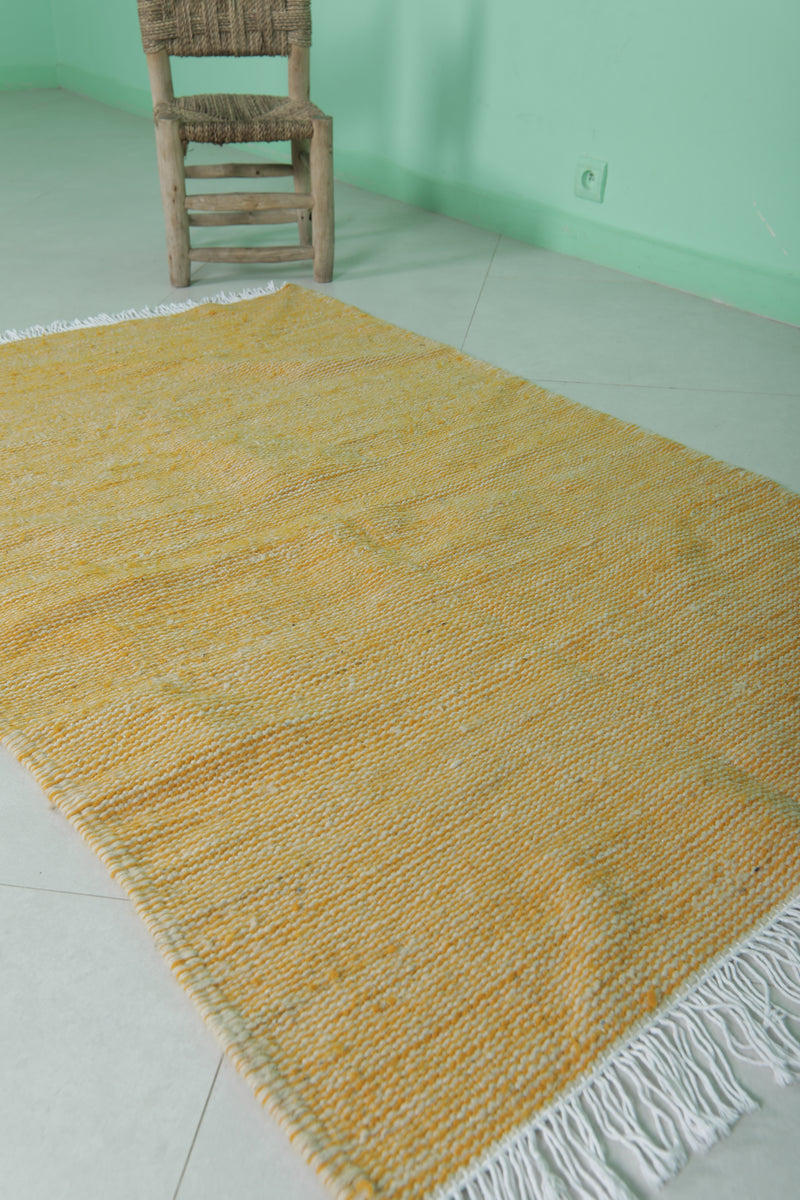 Bright Yellow Moroccan Rug - 3.4 X 5.3 Feet | Handwoven Style - Flat woven rugs