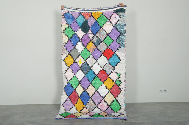 Boucherouite Moroccan rug with geometric diamond design - 3.6 ft x 6.8 ft